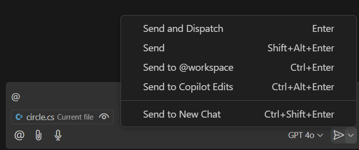 Copilot chat send menu