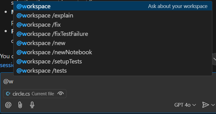 GitHub Copilot with the @w entered, which filters the responses to the commands that begin with w.